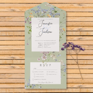 Delicate Boho Wildflowers Sage Green Dinner All In One Invitation