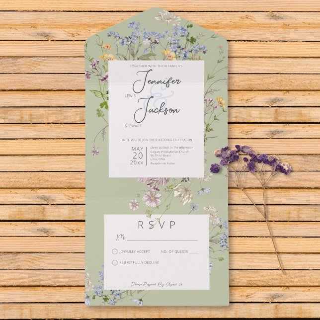 Delicate Boho Wildflowers Sage Green No Dinner All In One Invitation (Delicate Boho Wildflowers Sage Green No Dinner All In One Invitation)