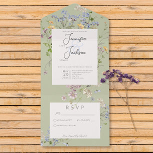 Delicate Boho Wildflowers Sage Green No Dinner All In One Invitation