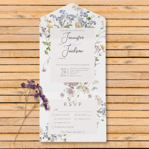 Delicate Boho Wildflowers White Dinner All In One Invitation