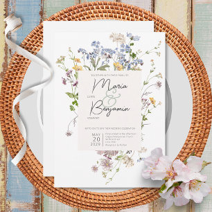 Delicate Boho Wildflowers White Wedding Invitation