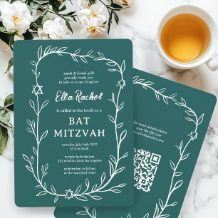 Delicate Botanical Bar Bat Mitzvah CUSTOM QR Code  Invitation