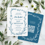 Delicate Botanical Bar Bat Mitzvah CUSTOM QR Code  Invitation<br><div class="desc">Perfect card to announce a bat mitzvah, bar mitzvah or other Jewish celebration! Hand drawn delicate leaf trame art for you! FULLY CUSTOMIZABLE! Click on “Personalise” above to edit the text. Click "edit using design tool" to adjust the fonts, colours and placements and to add your link to the QR...</div>