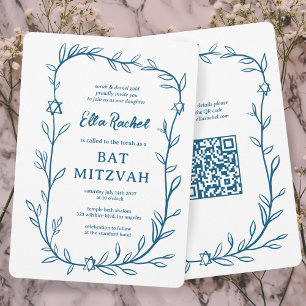 Delicate Botanical Bar Bat Mitzvah CUSTOM QR Code  Invitation