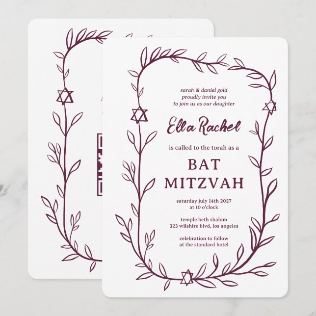 Delicate Botanical Bar Bat Mitzvah CUSTOM QR Code  Invitation (Front/Back)
