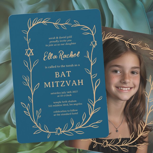 Delicate Botanical CUSTOM PHOTO Bar Bat Mitzvah Invitation (Delicate Botanical CUSTOM PHOTO Bar Bat Mitzvah Girl Modern Invitation
)