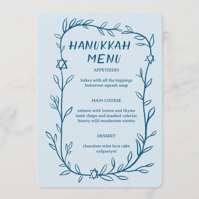 Delicate Botanical Hanukkah Party Dinner CUSTOM  Menu (Front)