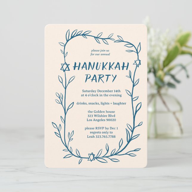 Delicate Botanical Hanukkah Party Star of David Invitation (Standing Front)