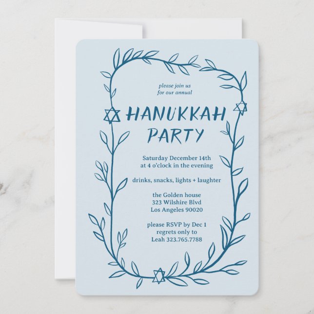 Delicate Botanical Hanukkah Party Star of David Invitation (Front)