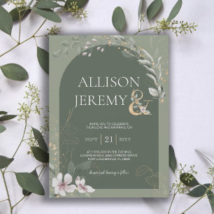 Delicate Botanical Sage Green Arch Wedding Invite