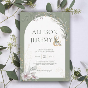 Delicate Botanical Sage Green Arch Wedding Invite