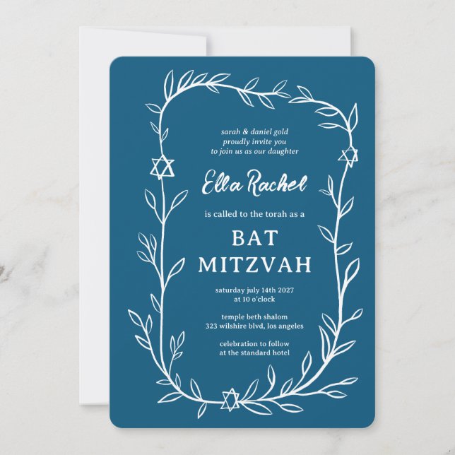Delicate Botanical Star of David Bar Bat Mitzvah Invitation (Front)