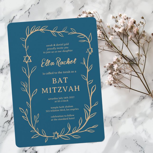 Delicate Botanical Star of David Bar Bat Mitzvah Invitation (Delicate Botanical Star of David Bar Bat Mitzvah Modern Girl Invitation
)