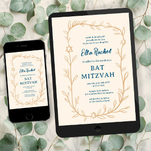 Delicate Botanical Star of David Bar Bat Mitzvah Invitation