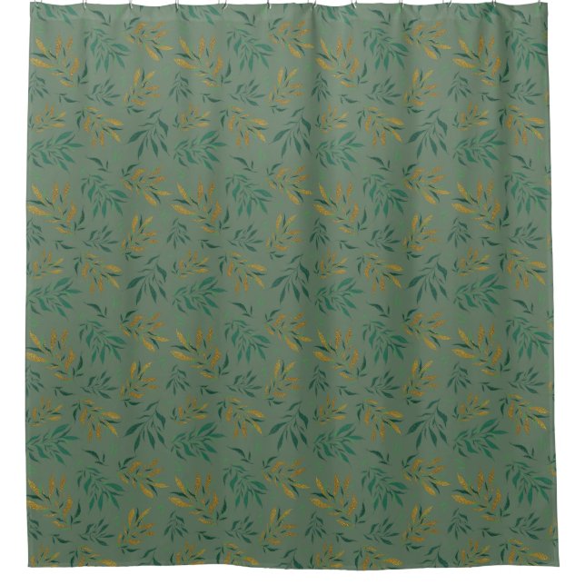 Delicate Botany Repeat Pattern with Golden Leaves Shower Curtain (Front)
