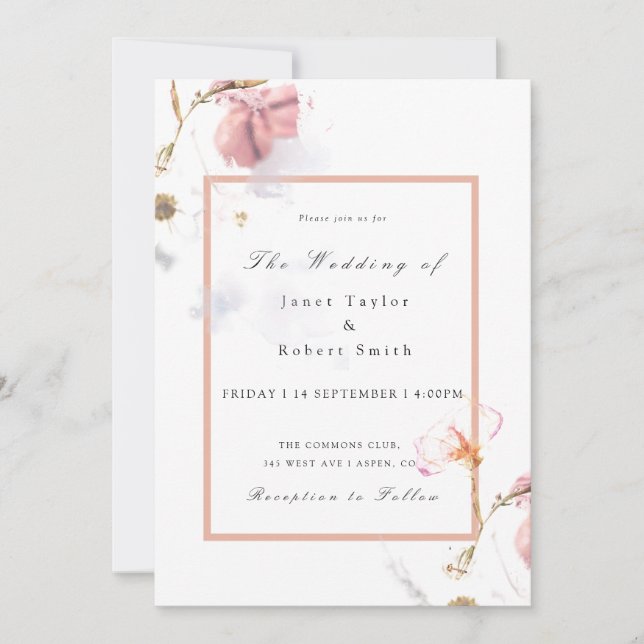 Delicate Bouquet with Pink Border Wedding Invitation (Front)