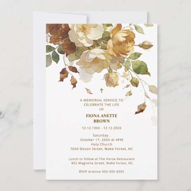 Delicate Brown & Marfil Botanical Floral Funeral Invitation (Front)