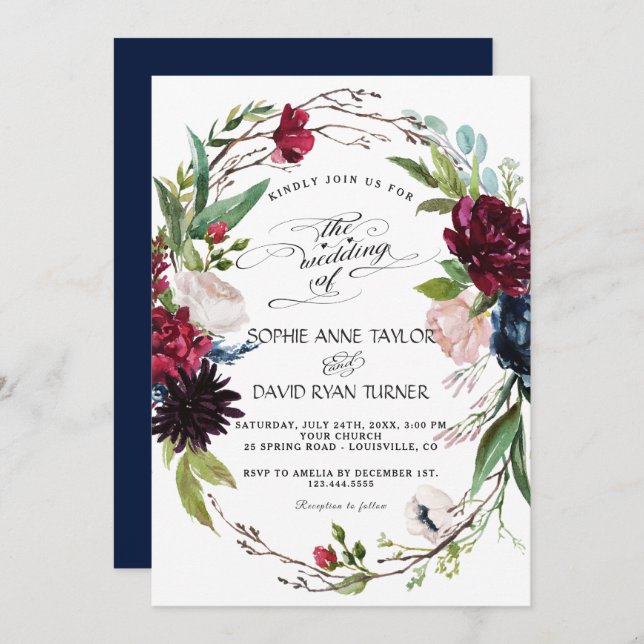 Delicate Burgundy Blue Floral Wreath Wedding Invitation (Front/Back)