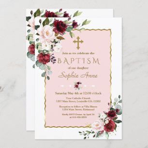 Delicate Burgundy Blush Flowers Gold Cross Baptism Invitation