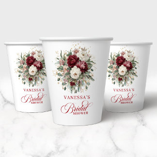 Delicate Burgundy Floral Bridal Shower Paper Cups