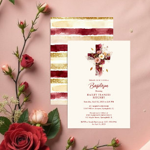 Delicate Burgundy Floral Christian Cross Baptism Invitation