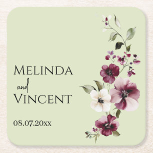 Delicate Burgundy, Ivory Flowers Paper Coaster