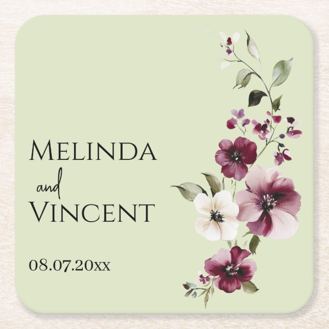 Delicate Burgundy, Ivory Flowers Paper Coaster (Front)