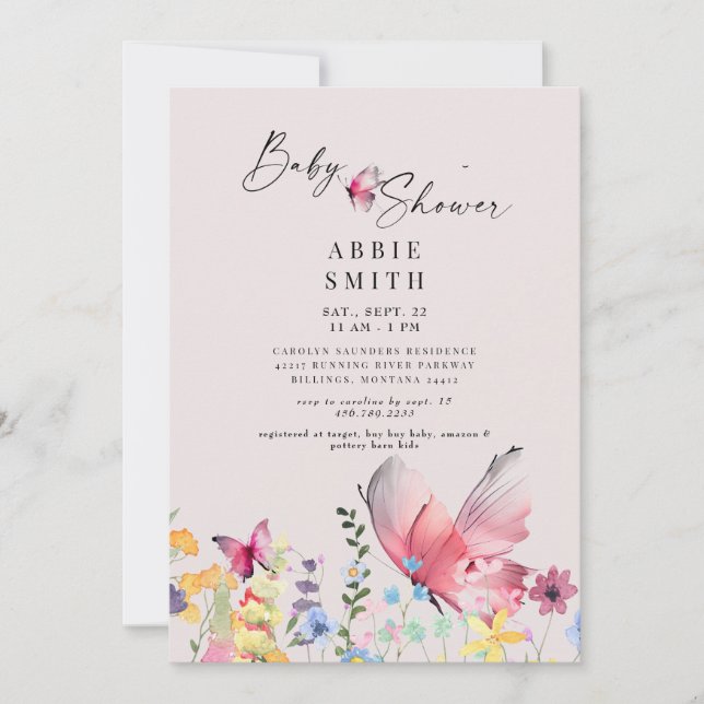 Delicate Butterflies & Wildflowers Baby Shower  Invitation (Front)