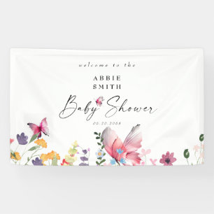 Delicate Butterflies Wildflowers White Baby Shower Banner