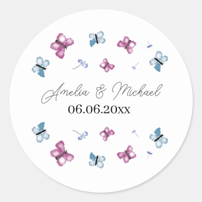Delicate Butterfly Save the Date Classic Round Sticker (Front)