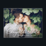 Delicate Calligraphy Change The Date Photo Postcard<br><div class="desc">Modern Delicate Elegant Calligraphy Script Change The Date Wedding Postponed New Wedding Date Couple Photo Postcard</div>