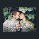 Delicate Calligraphy Change The Date Photo Postcard<br><div class="desc">Modern Delicate Elegant Calligraphy Script Change The Date Wedding Postponed New Wedding Date Couple Photo Postcard</div>