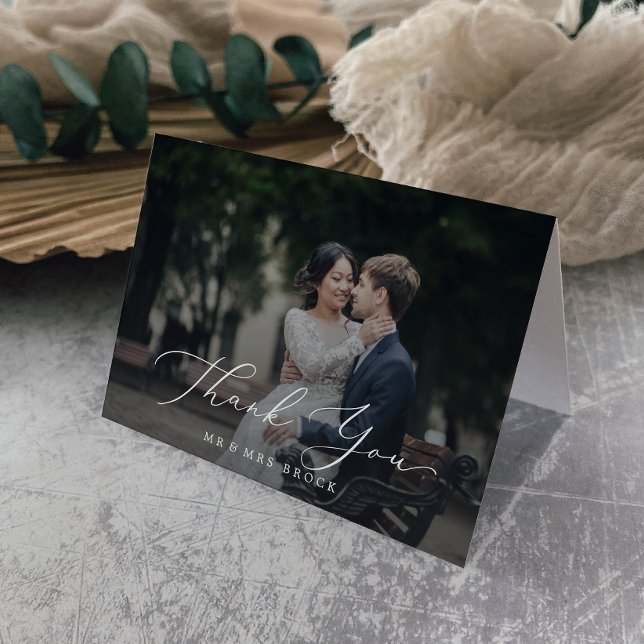 Delicate Calligraphy Dark Photo Overlay  Thank You Card (Creator Uploaded)