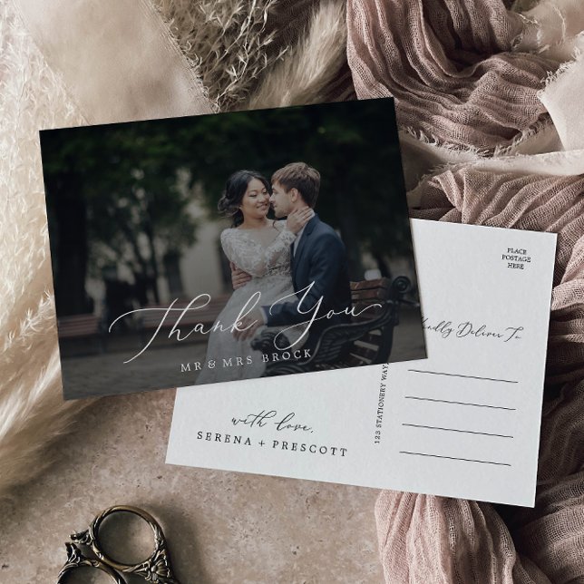 Delicate Calligraphy Dark Photo Overlay Thank You Postcard (Creator Uploaded)