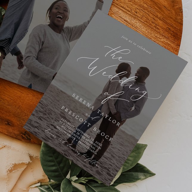 Delicate Calligraphy Dark Photo Overlay Wedding Invitation (Creator Uploaded)