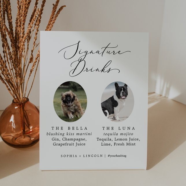 Delicate Calligraphy Dog Photo Signature Drinks Pedestal Sign (Creator Uploaded)
