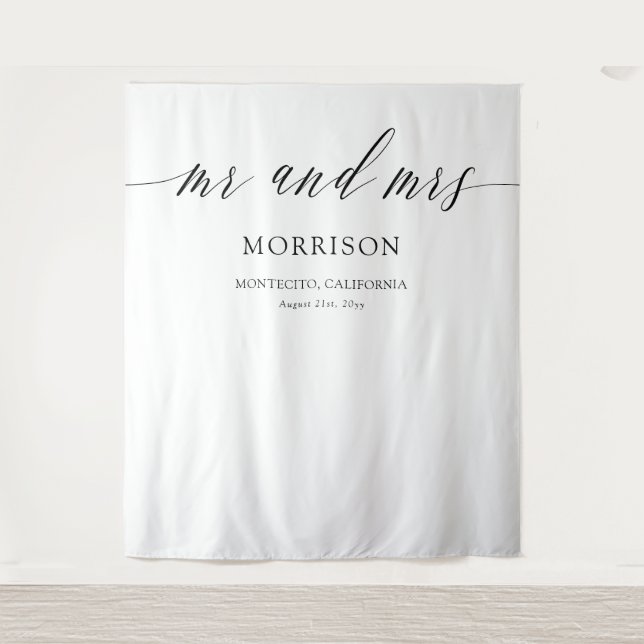 Delicate Calligraphy Mr and Mrs Wedding Backdrop Tapestry (Front)