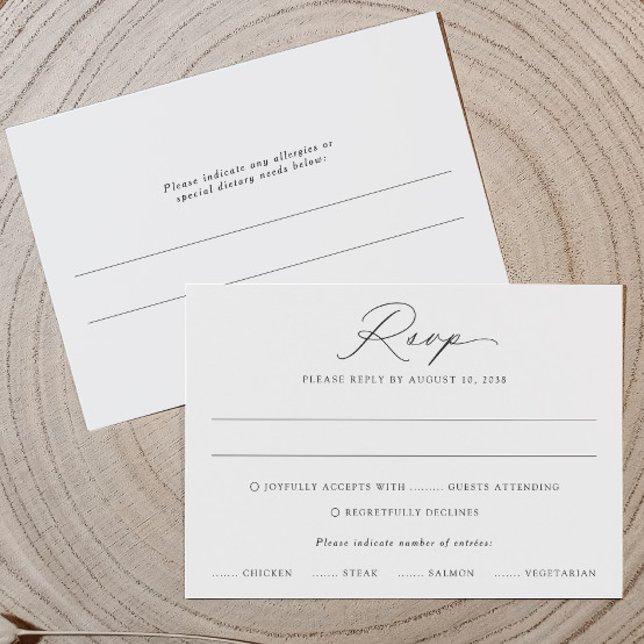 Delicate Calligraphy Wedding RSVP Card (Modern RSVP card with calligraphy and meal choices—includes space for guest allergies on back.)
