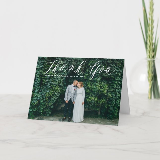 Delicate Calligraphy Wedding Thank You Photo Card (Front)