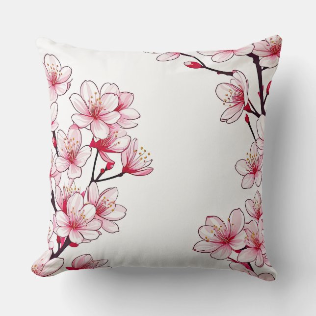 Delicate Cherry Blossom Border - Pink Floral Cushion (Front)