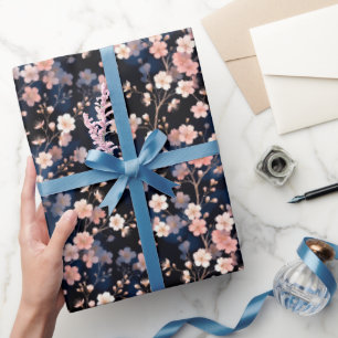 Delicate Cherry Blossoms with Gold on Navy Wrapping Paper
