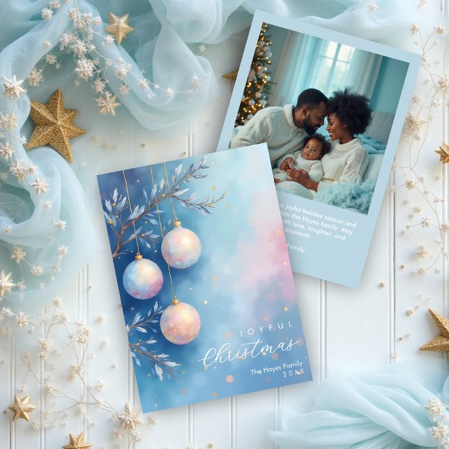 Delicate Christmas Blue Shades Elegant Ornaments Holiday Card (Delicate Christmas Blue Shades Elegant Ornaments with Back Photo Holiday Cards.)