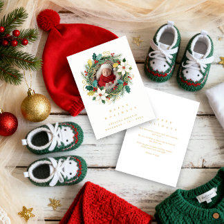 Delicate Classy First Christmas Wreath Baby Photo Holiday Card