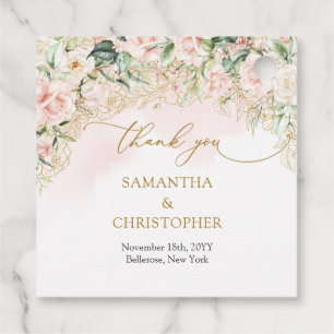 Delicate coquette pink roses gold and greenery favour tags
