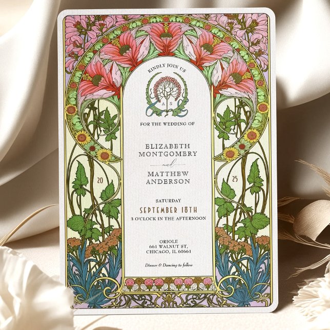 Delicate Coral Flowers Art Nouveau Wedding Invitation (Creator Uploaded)