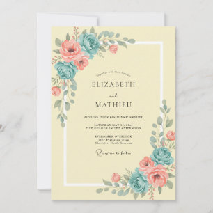Delicate Coral Turquoise Peony Wedding Invitation