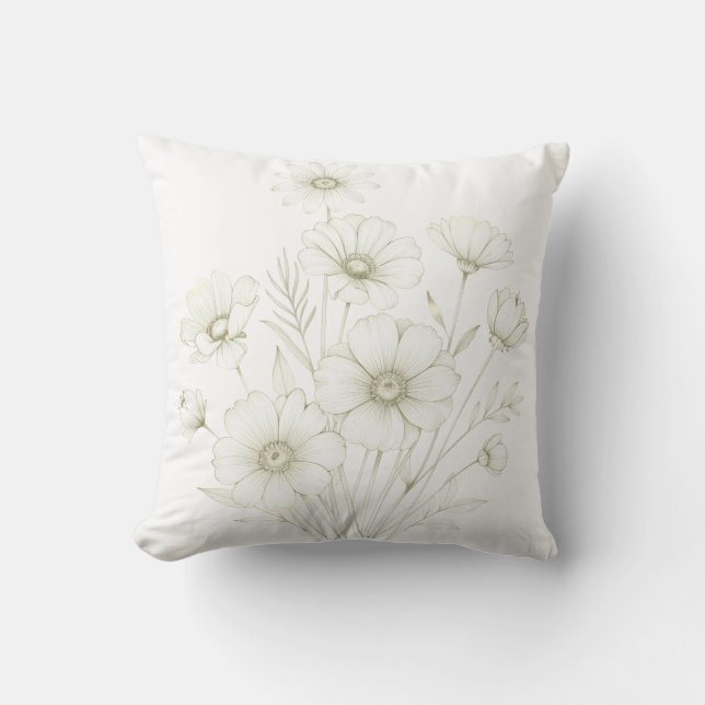 Delicate Cosmos Bouquet Line Art Grace Cushion (Front)