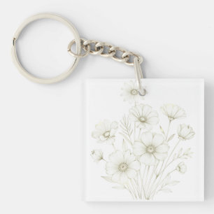 Delicate Cosmos Bouquet Line Art Grace Key Ring