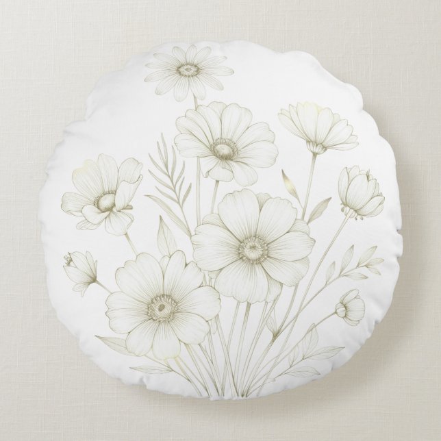 Delicate Cosmos Bouquet Line Art Grace Round Cushion (Front)