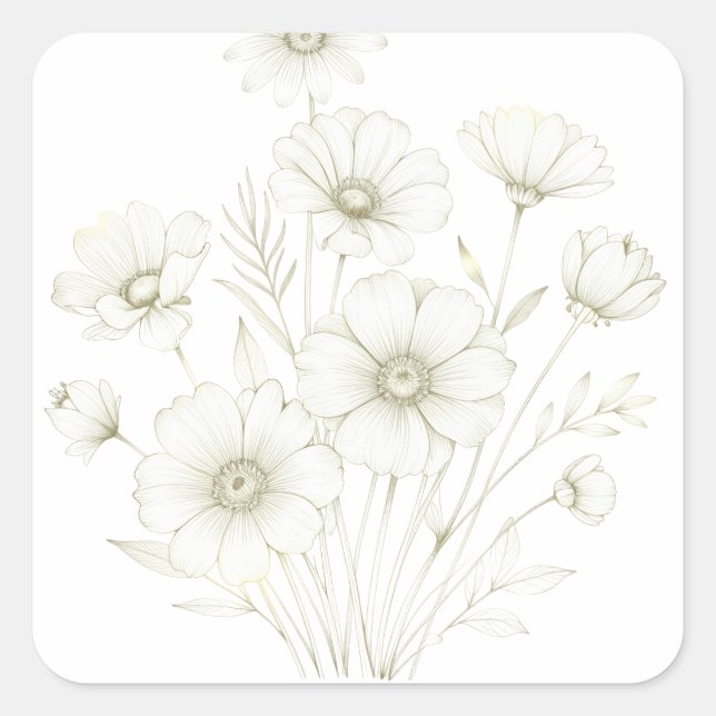 Delicate Cosmos Bouquet Line Art Grace Square Sticker (Front)